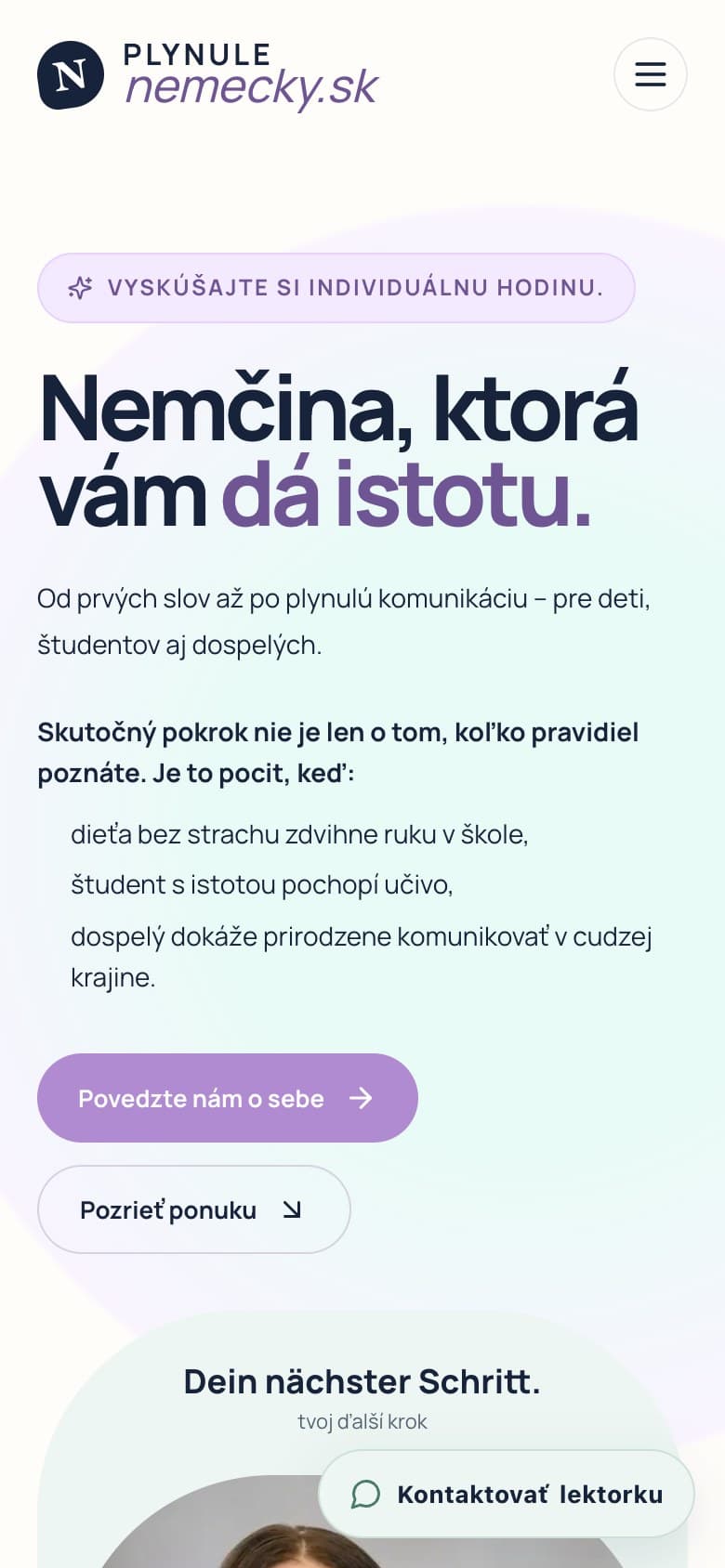 Úvodná stránka webu Plynule nemecky na mobile