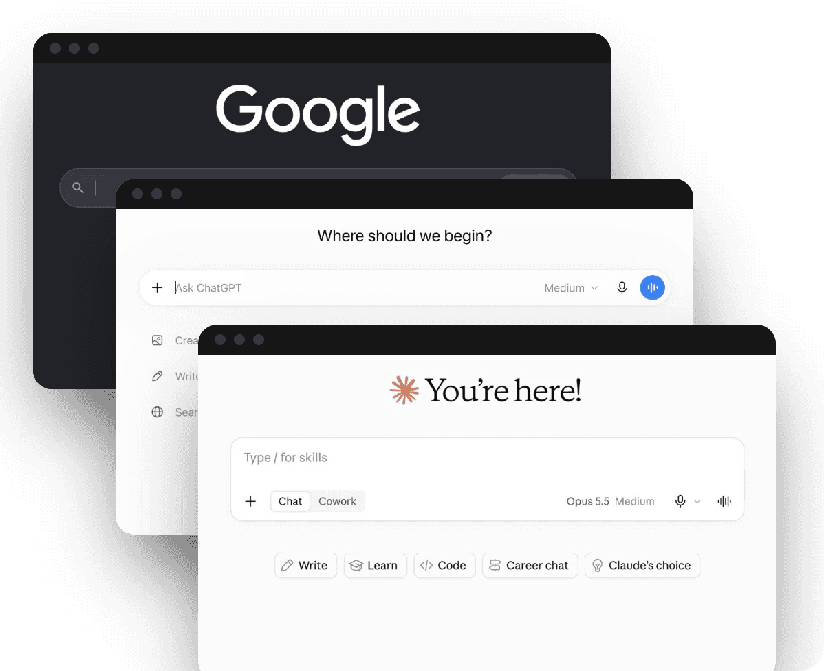 Vyhľadávanie v Google, ChatGPT a Claude v oknách prehliadača